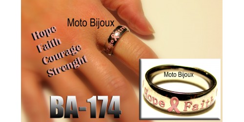 Ba-174, Bague supportons le Cancer, Hope, Faith, Courage, Strenght, Acier inoxidable (to be translated)